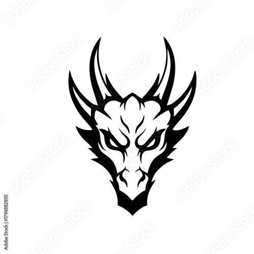 Front Facing Horned Dragon Head Logo With Symmetrical Horns, Strong Linework