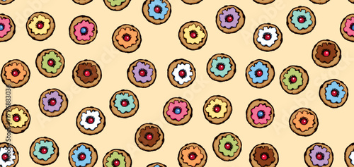 Greet happy party jew hannukah fast cafe meal isolated on light yellow backdrop. Tileable bright color hand drawn round hanukiah fat sweet sugar glaze frost soft cookie design art retro doodle cartoon