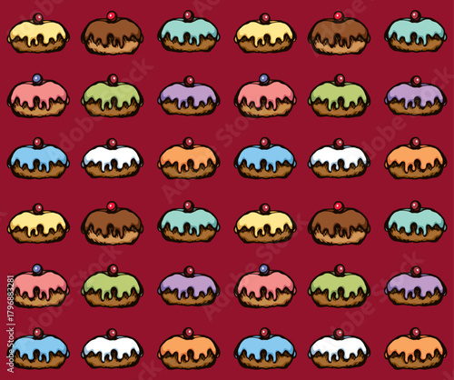 Greet happy party jew hannukah fast cafe meal isolated on light yellow backdrop. Tileable bright color hand drawn round hanukiah fat sweet sugar glaze frost soft cookie design art retro doodle cartoon