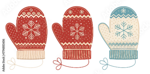 Winter Mittens Vector Set Flat Design Illustration – Classic, Outline, and Patterned Styles, Festive Seasonal Clipart PNG

