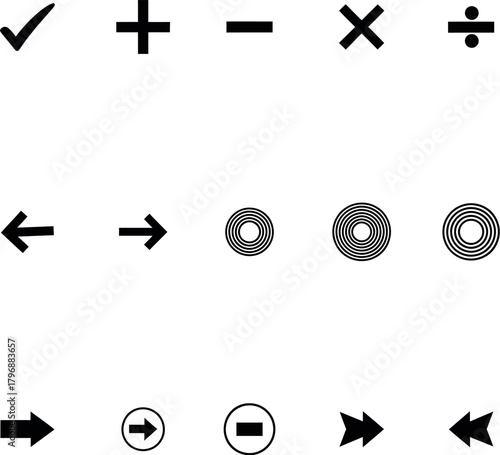 Collection of black and white mathematical and directional symbols