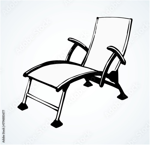 Empty cruise hotel wood plank Chezlong stand on white ocean background space for text. Outline black ink hand drawn tropic trip seaside fold bench logo sign pictogram sketchy in art retro doodle style