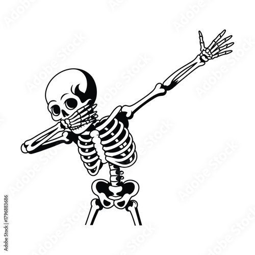 A black and white illustration of a skeleton doing the dab dance move, the skeleton is anatomically correct and has a skull, rib cage, and limbs