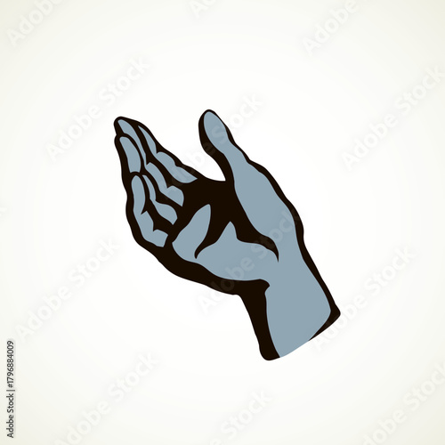 Outstretched handbreadth forearm on white backdrop. Freehand outline black ink drawn want logo pictogram emblem sketchy in retro art doodle cartoon style pen on paper space for text. Closeup side view