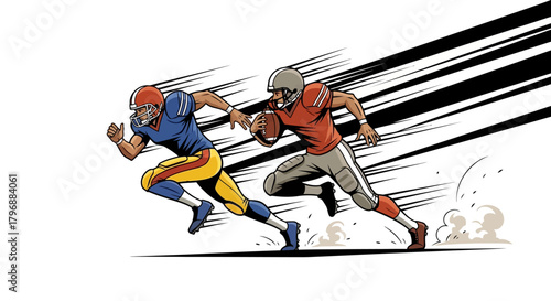 Two football players running One has the football and both wear helmets and pads Speed lines and dust add to the scene
