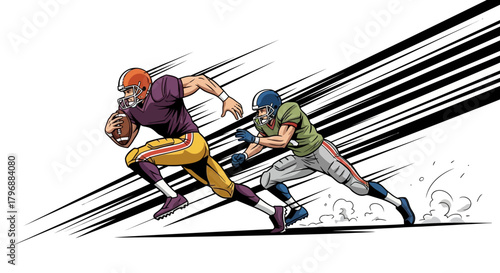 Two football players run one holding the ball against a background of speed lines