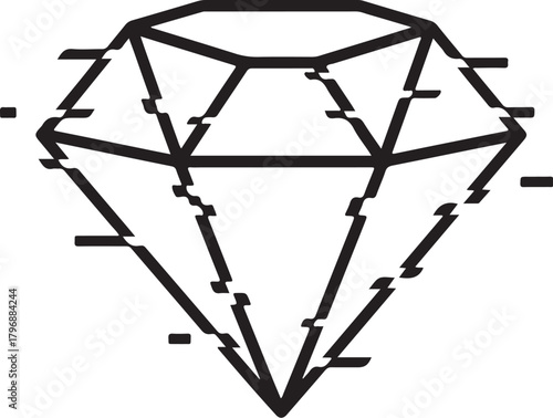 Diamond icon with glitch-line breaks, staggered segments, and digital distortion. Flat vector, unique edgy style