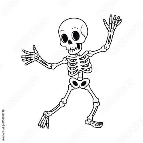 A friendly skeleton dancing with a big smile, a lighthearted illustration for halloween or educational purposes