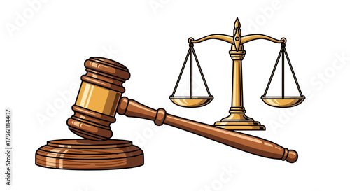 A gavel and scales of justice sit against a white backdrop