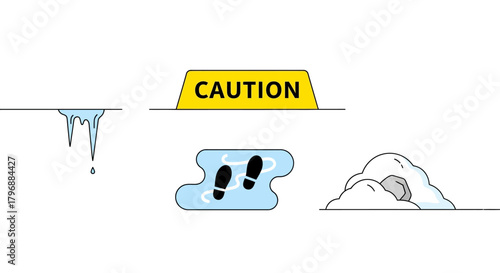 A graphic depicting winter hazards icicles a caution sign ice puddle footprints and a snowy mound with a rock