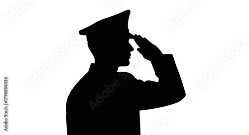 A silhouetted figure wearing a peaked cap and saluting against a white background