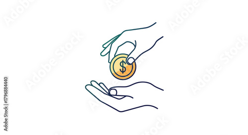 A hand placing a gold coin with a dollar sign into another hand