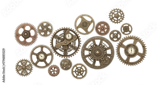 Assorted steampunkstyle gears and cogs in a variety of shapes and sizes