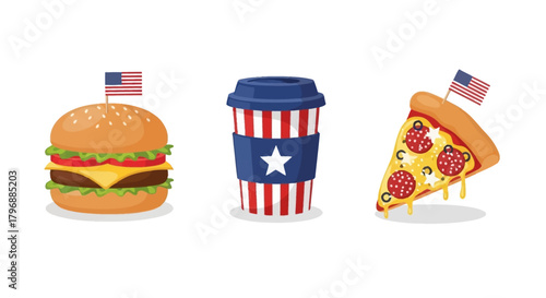 Burger coffee cup pizza each topped with a US flag and decorated in a red white and blue patriotic theme