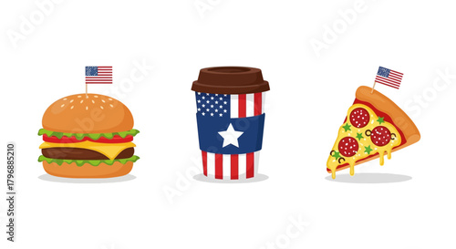 Burger coffee cup  pizza slice all with US flags