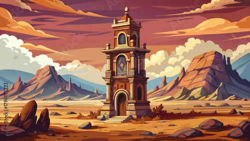 Very beautiful ancient clock tower rising alone in a vast, empty landscape, its weathered stone and ornate carvings standing in dramatic contrast to the surrounding barren horizon, creating a surreal 