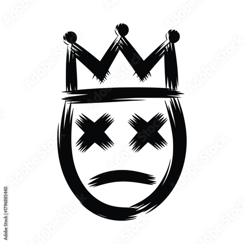 A stylized face with crossedout eyes and a crown, , conveying a sense of rebellious royalty or a dethroned king in a simple design