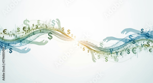 Dynamic financial flow with currency symbols  translucent hands on wavy bands