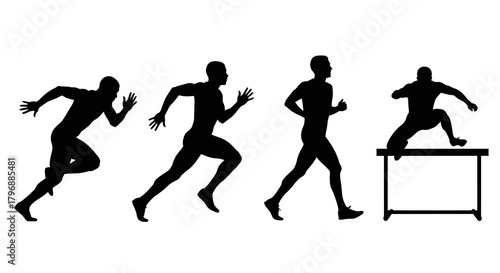 Four silhouettes of athletes two runners one jogging and one hurdling
