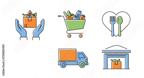 Food delivery icons hands cart heart truck storage Simple bright