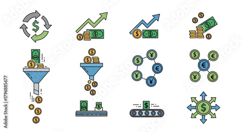 Icons depict financial concepts money cycle growth funnel exchange production and outflow