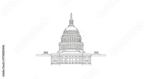 Line drawing of the US Capitol building with dome