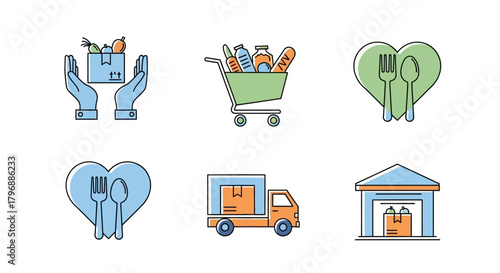 Six food assistance icons produce box held by hands grocery cart heart delivery truck  warehouse