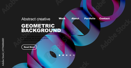 Website mockup displays abstract geometric shapes, vibrant colors, navigation menu. Text promotes creative work, portfolio access.