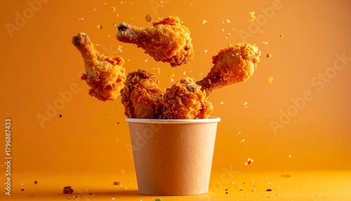 Crispy fried chicken pieces falling into a paper cup on orange background home cooking