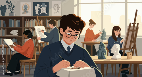 Artistic students actively engaged in creative expression within a studio environment