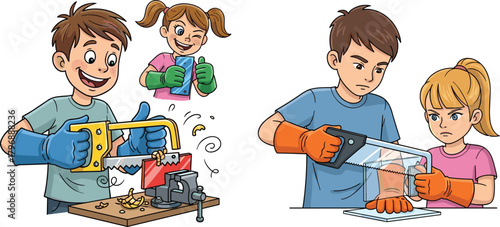 Cartoon illustration of children using saws and tools for woodworking projects, teamwork, safety gloves, creative hands-on learning and craft skill development