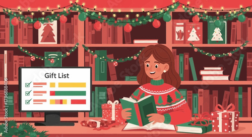 Festive digital planning: Woman manages Christmas gift list amid cozy library ambiance