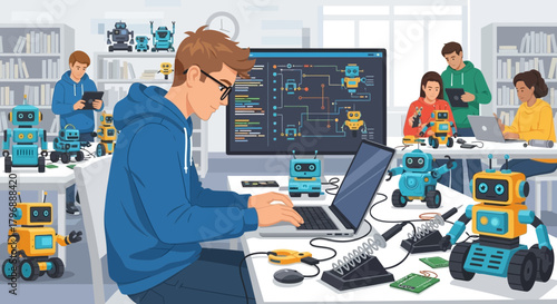 Young innovative engineers collaborating on robot project in a modern laboratory