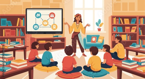 Engaging Classroom Presentation: Teacher Explaining Email Communication Flow to Students