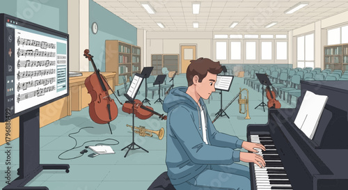 Young musician in a practice room playing the piano with sheet music on display