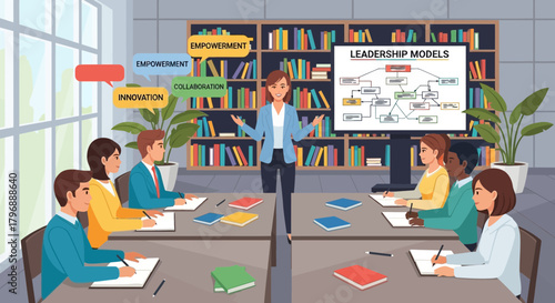 Dynamic leadership seminar with diverse attendees exploring leadership models