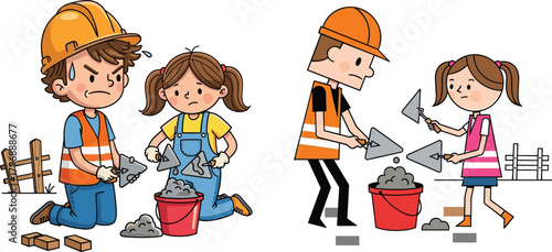 Cartoon illustration of children learning construction skills, working with tools, mixing cement, teamwork concept, safety helmets, outdoor building activity for education artwork