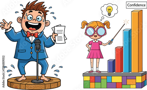 Cartoon illustration of nervous boy presenting on stage and confident girl showing growth chart, concept of public speaking skills and confidence development