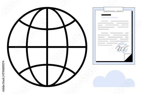 Abstract globe next to signed contract over cloud icon, representing global connectivity, documentation, e-signature, digital security, cloud storage, business operations, simple flat metaphor