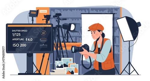 Focused female photographer in a studio setting with camera and photography equipment