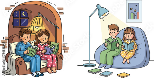 Cozy nighttime illustration of children reading books together indoors, warm lighting, comfortable pajamas, peaceful home environment, relaxing family bedtime activity artwork