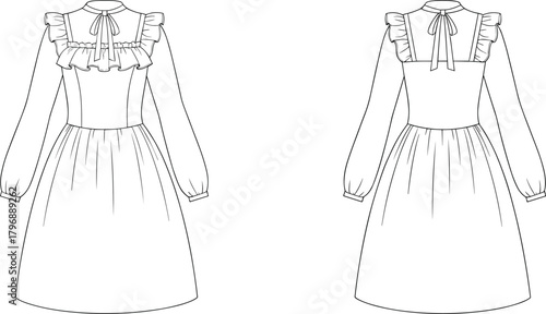 Knee-length dress fashion sketch, bow neckline, ruffled shoulder detail, gathered skirt, front and back view, garment design, sewing pattern