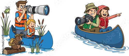 Cartoon illustration of wildlife photographers in canoes exploring nature, capturing animals, adventure scene with kids and adults using cameras in wetlands