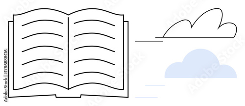 Open book with visible text lines next to stylized abstract clouds. Ideal for education, storytelling, knowledge, creativity, imagination, learning, and literature in a simple flat metaphor