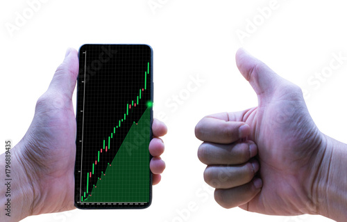 Hand Holding Smartphone with Rising Stock Chart and Thumbs Up Gesture on Black Background