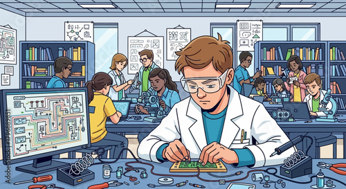 Students collaboratively engage in electronics project development within laboratory environment