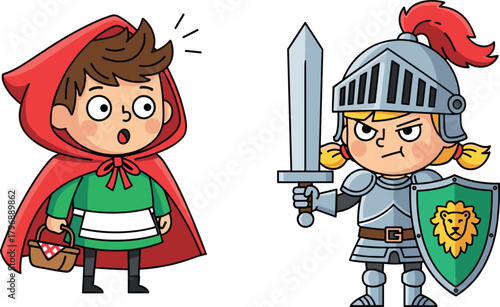 Cute children dressed as Little Red Riding Hood and brave knight holding sword and shield in fun imaginative fairy tale costume play scene