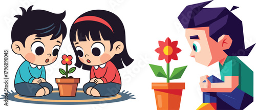 Cute children observing growing potted flower while learning nature care, plant growth, environmental awareness, curiosity, and gardening in colorful illustration scene