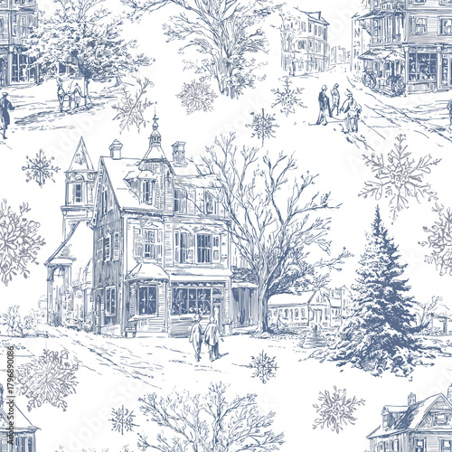 Vintage Blue Toile Christmas Village Seamless Pattern 24 with Winter Town, People, Snowflakes and Holiday Houses. A detailed vintage blue toile Christmas seamless pattern featuring an enchanting winte