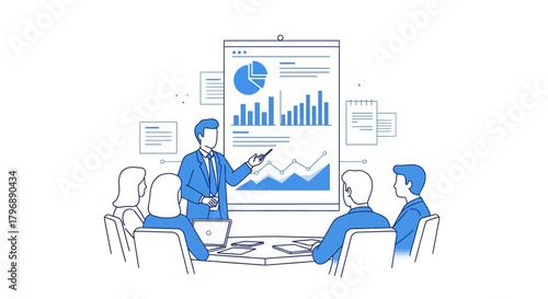 Business meeting illustration showing data analysis and presentation on financial growth